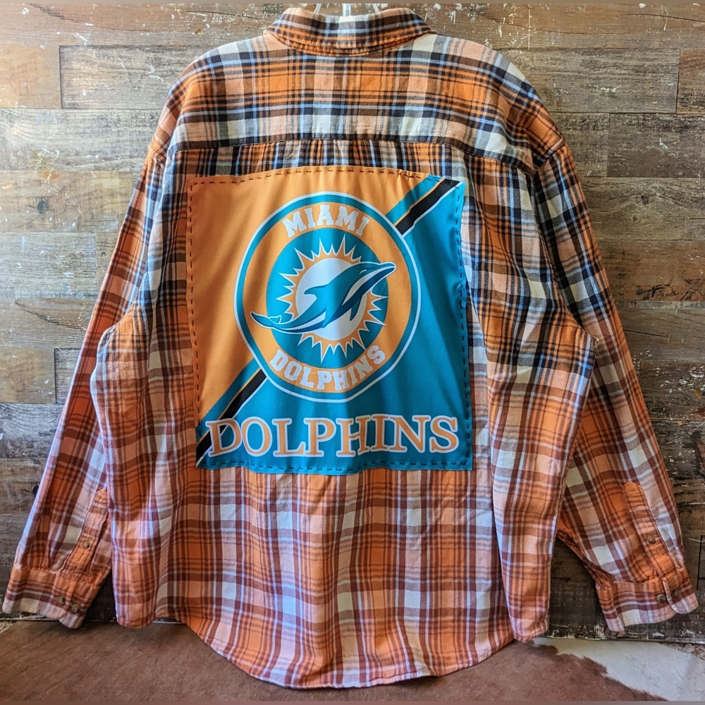 Miami Dolphins Upcycled Handcrafted Dip Dyed Bleached Flannel Shirt - Picture 1 of 13